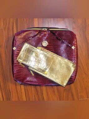 💄Vintage Estée Lauder 3-Piece Croc-Embossed Cosmetic Bag Set (Burgundy & Gold)